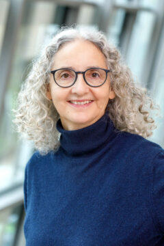 Eine Frau mit schulterlangen grauen Locken, dunkler runder Brille und blauem Rollkragenpullover lächelt in die Kamera, es ist Komponistin Caroline Bauckholt.