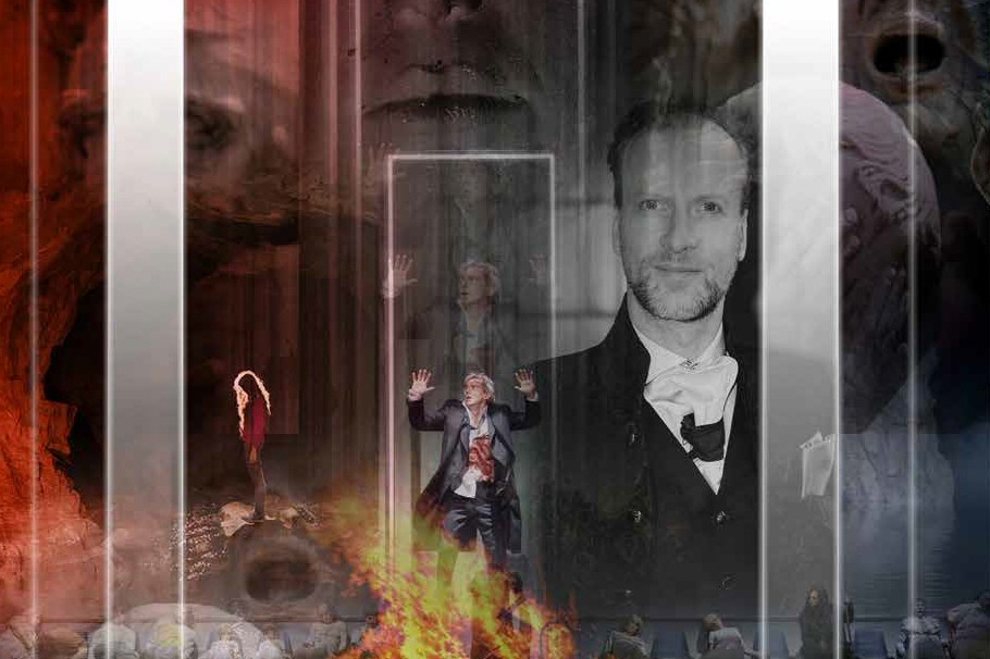 Bildcollage: Ein Mann im Anzug lächelt in die Kamera, im Hintergrund eine Opernszene, ein Mann hebt die Hände zum Himmel, eine Frau wendet sich ab, aus Il Viaggio, Dante