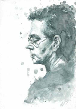 Eine blaugraue, aquarellig anmutende Bleistiftzeichnung von einem Mann mit Brille im Profil, es ist Komponist Joachim Heintz.