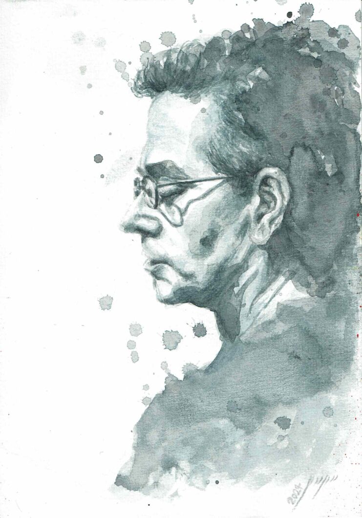 Eine blaugraue, aquarellig anmutende Bleistiftzeichnung von einem Mann mit Brille im Profil, es ist Komponist Joachim Heintz.