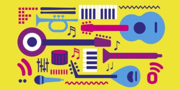 Bunte Grafik, die verschiedene Instrumente im Comic-Stil zeigt