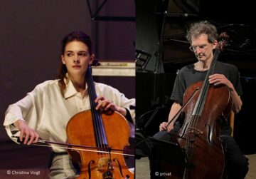 Bildmontage: Eine junge brünette Frau in weißer Bluse spielt Cello (links), ein Mann im grauen T-Shirt mit Brille spiel Cello (rechts)