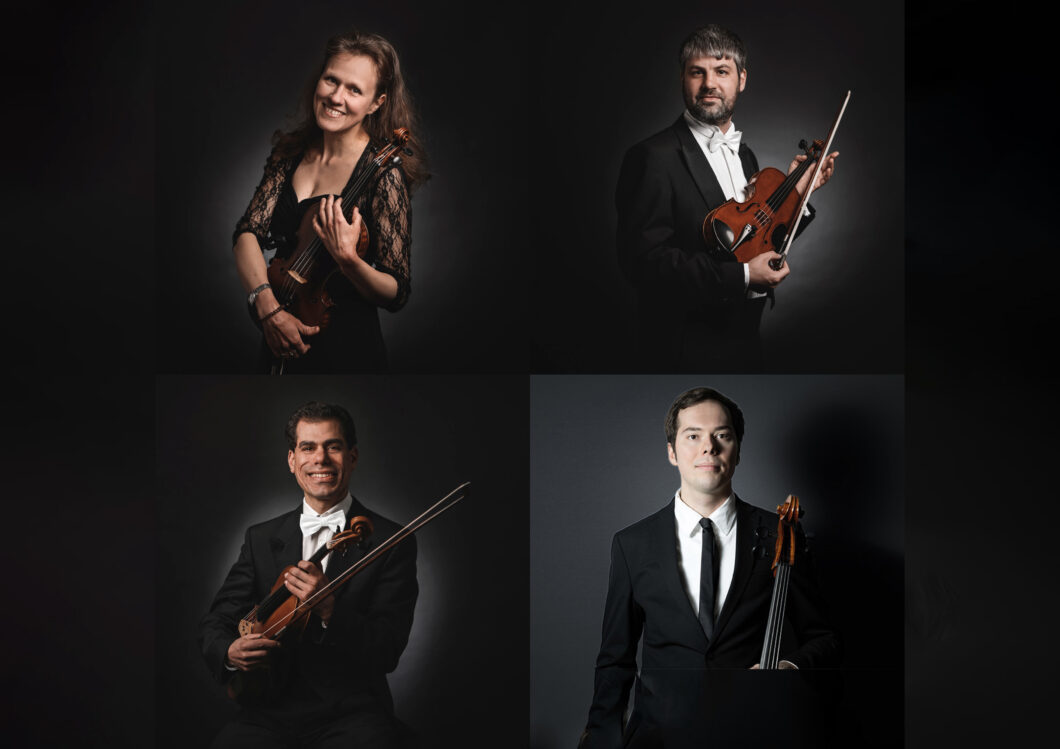 Bildcollage von vier Musiker*innen in Konzertkleidung. Es sind Streicher*innen des Göttinger Symphonieorchesters.