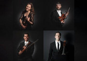 Bildcollage von vier Musiker*innen in Konzertkleidung. Es sind Streicher*innen des Göttinger Symphonieorchesters.