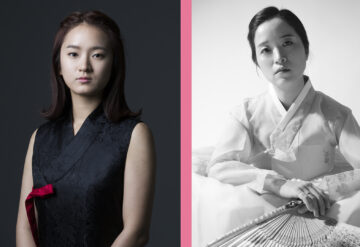 Bildcollage: Links eine junge koreanische Frau in schwarzem Oberteil vor dunklem Hintergrund, rechts eine junge koreanische Frau in weißem Gewand mit Fächer, vor weißem Hintergrund.